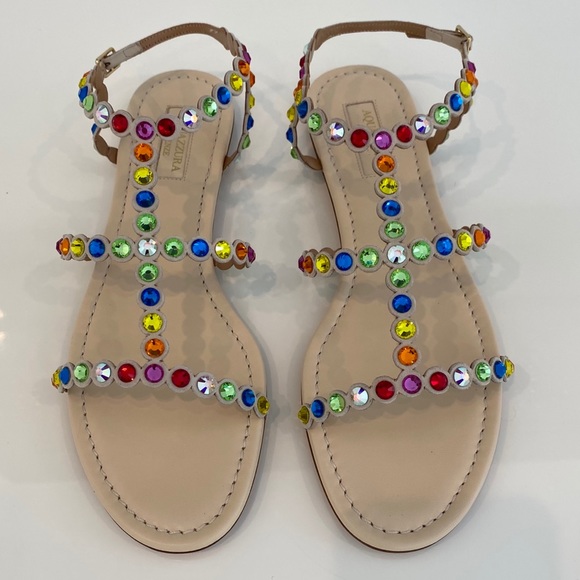 AQUAZZURA BEIGE TEQUILA CRYSTAL RAINBOW SANDALS SIZE IT 38 / US 8 NEW IN BOX! - Picture 6 of 16